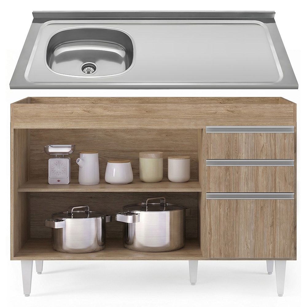 Balcão de Cozinha Com Pia Inox Deslocada 120cm Ávila Castanho L03 - Mpozenato