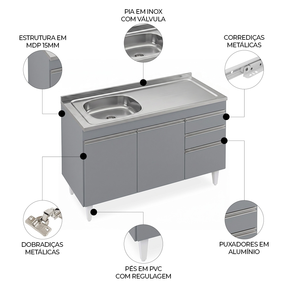 Balcão Cozinha Com Pia Inox Deslocada 120cm Ávila Cinza Sagrado L03 - Mpozenato