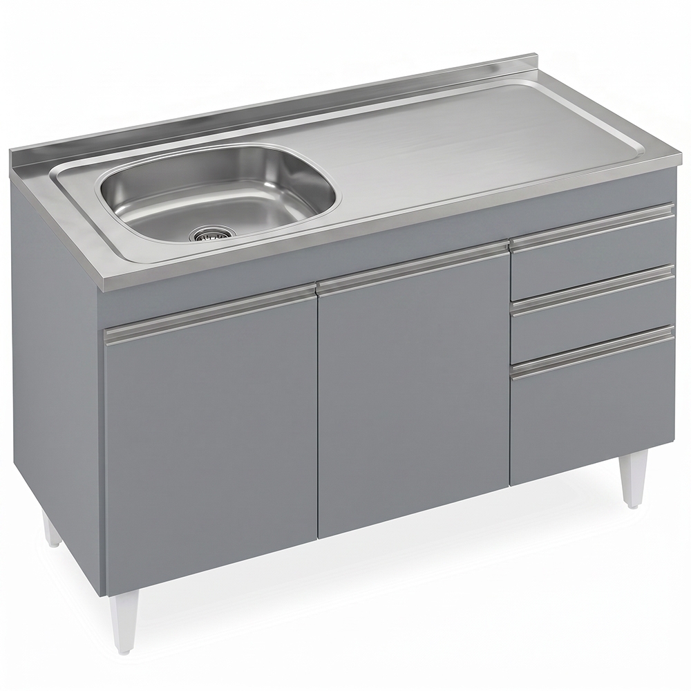 Balcão Cozinha Com Pia Inox Deslocada 120cm Ávila Cinza Sagrado L03 - Mpozenato