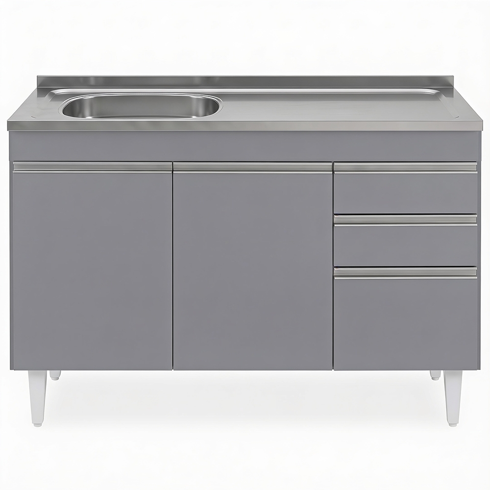 Balcão Cozinha Com Pia Inox Deslocada 120cm Ávila Cinza Sagrado L03 - Mpozenato