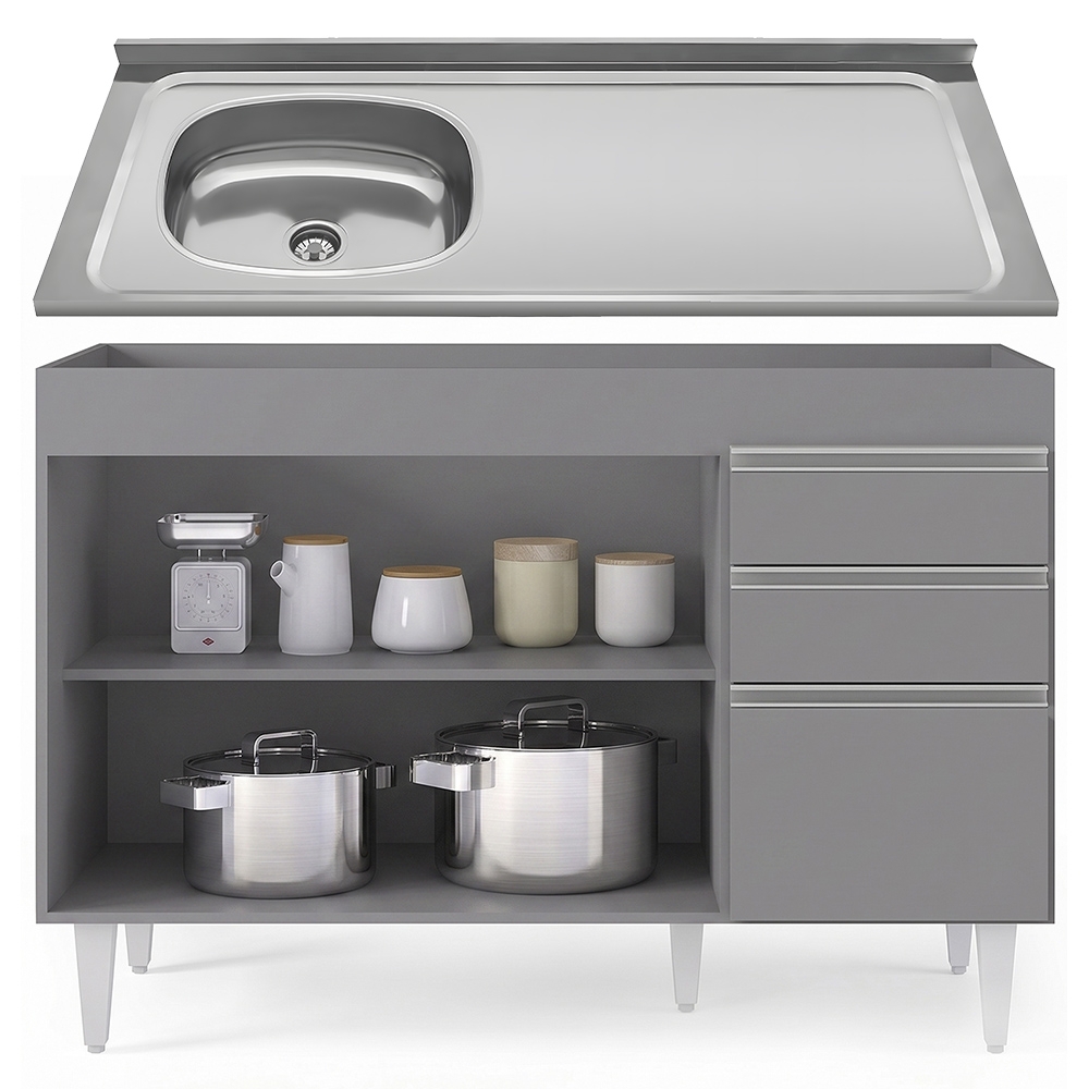 Balcão Cozinha Com Pia Inox Deslocada 120cm Ávila Cinza Sagrado L03 - Mpozenato