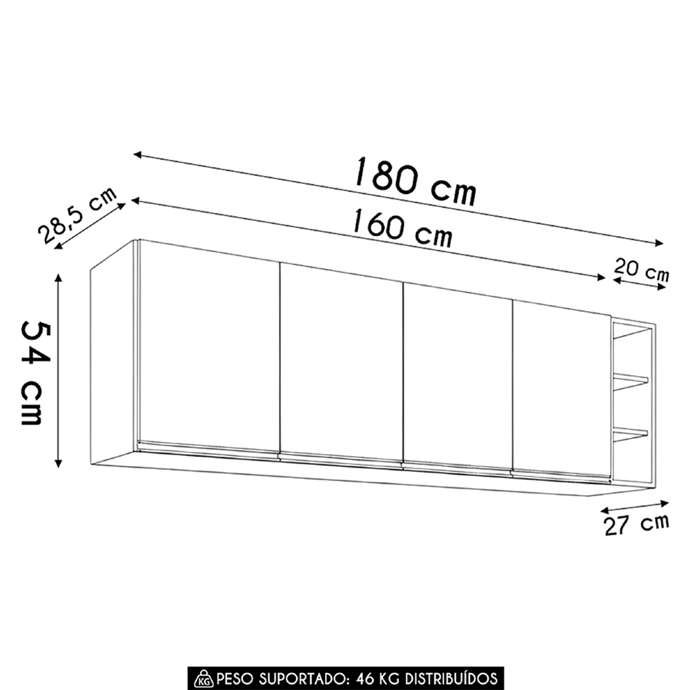 Armário de Cozinha Aéreo 180cm 4 Portas Vitória Branco - Lumil
