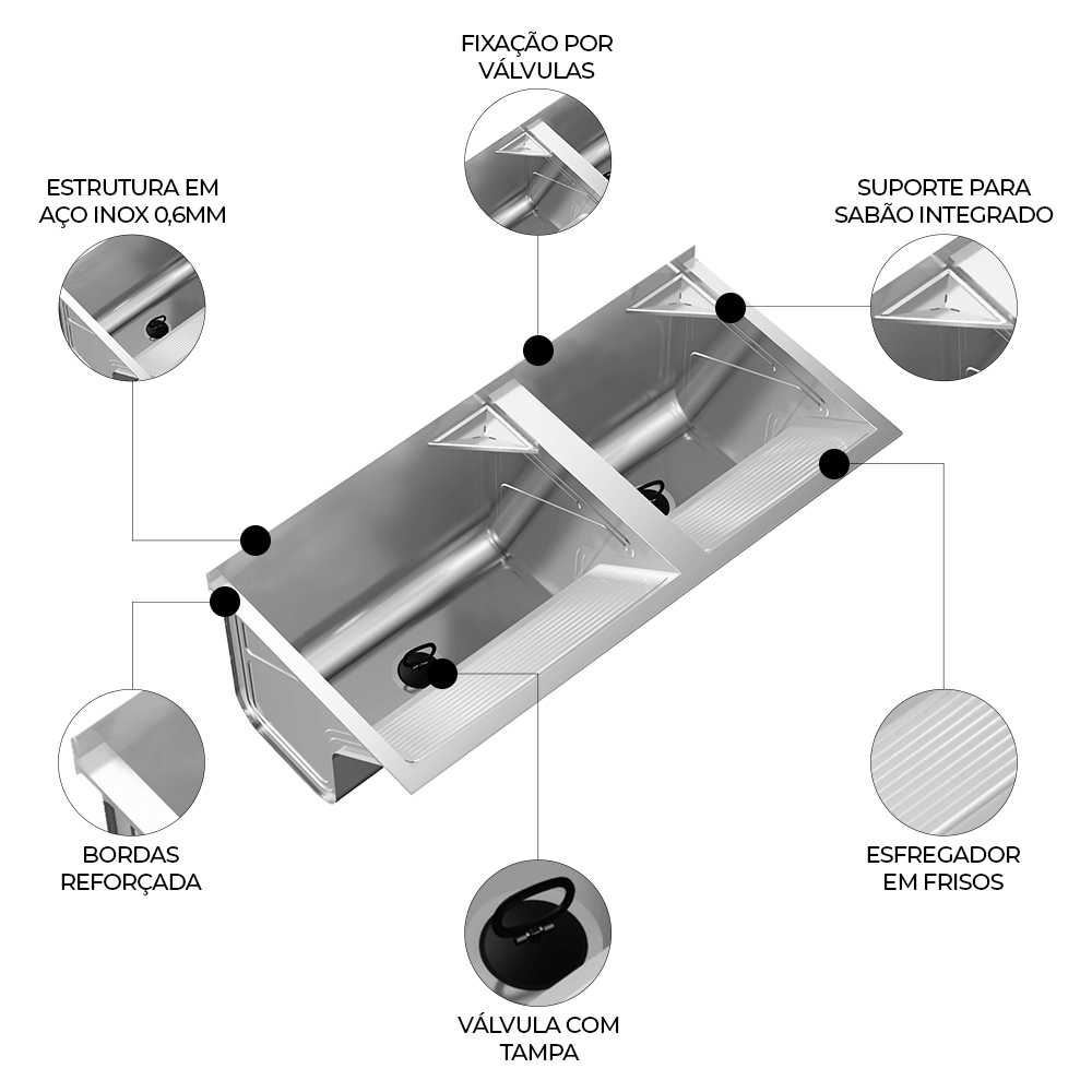 Tanque de Lavar Roupa 114L Inox Duplo com Suporte Lavanderia G01 - Mpozenato