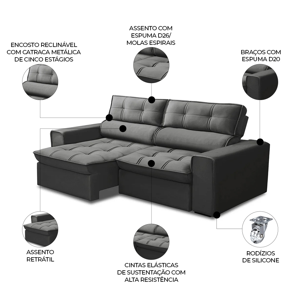Sofá Retrátil Reclinável 3 Lugares 200cm Blanches F05 Veludo Grafite - Mpozenato