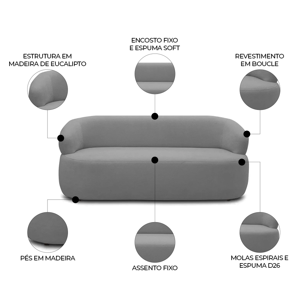 Sofá 2 Lugares Living Orgânico Sala de Estar 140cm Conka F05 Boucle Cinza - Mpozenato
