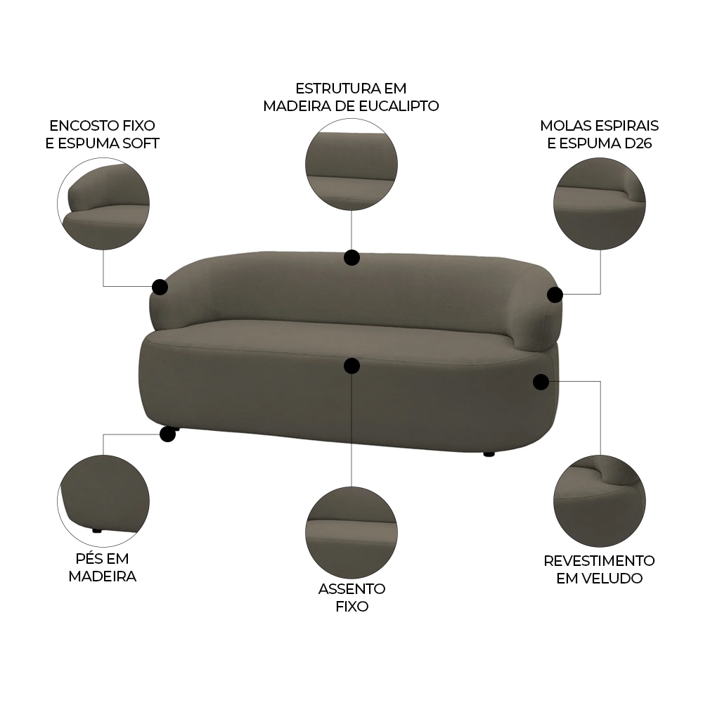 Sofá 2 Lugares Living Orgânico Sala de Estar 140cm Conka F05 Veludo Marrom - Mpozenato