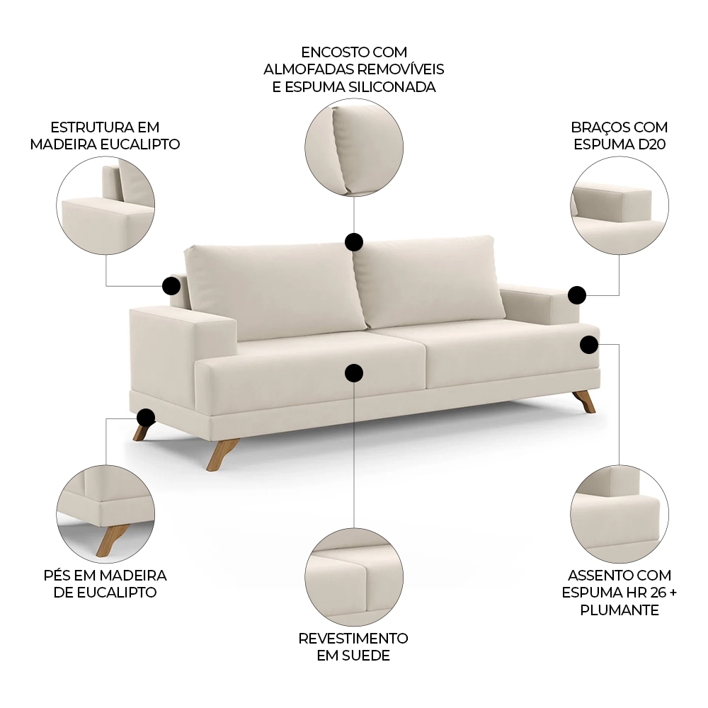 Sofá 3 Lugares 180cm Living Pés Curvos Santi D05 Suede Bege - Mpozenato