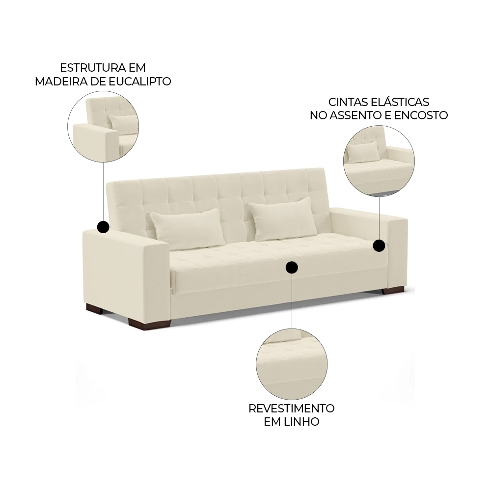 Sofá Cama para Sala de Estar Lisboa Linho Bege - Ibiza