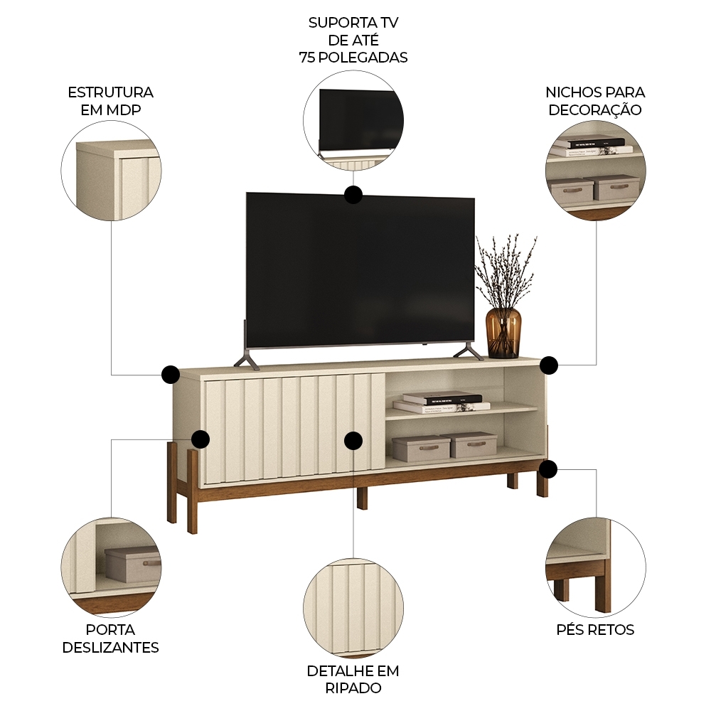 Rack TV 75 Pol. 188cm 1 Porta Pérola Metalizado/Canela Z30- Mpozenato