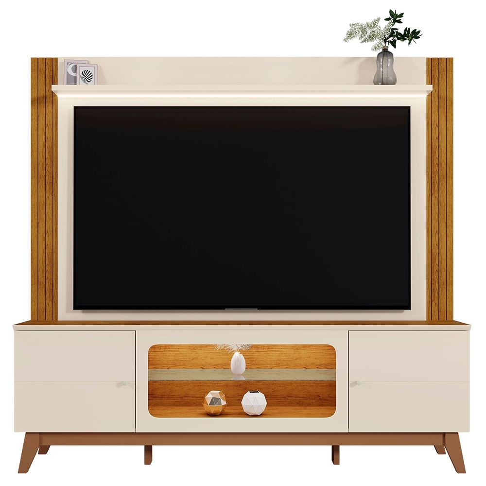 Estante Painel TV 70 Pol. 198cm Com LED Lugo Off White/Canela Z30 - Mpozenato