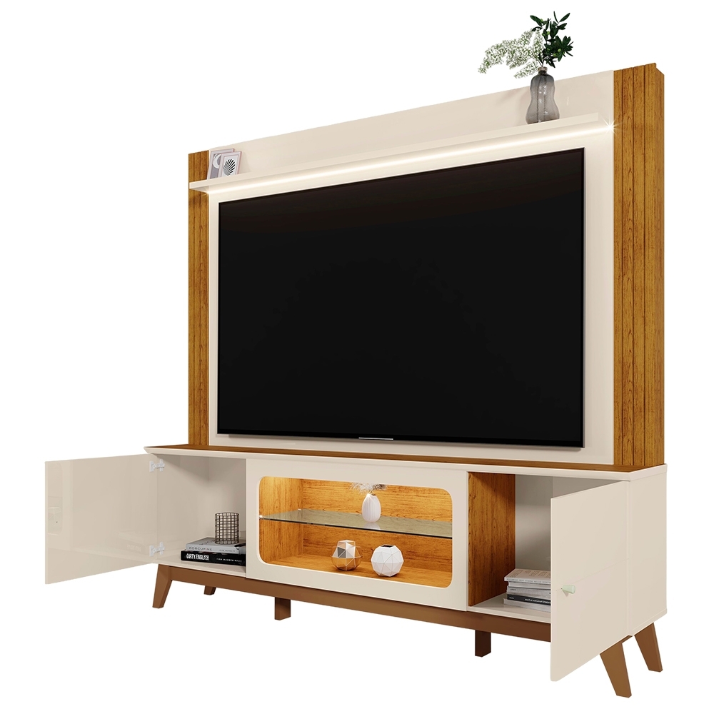 Estante Painel TV 70 Pol. 198cm Com LED Lugo Off White/Canela Z30 - Mpozenato