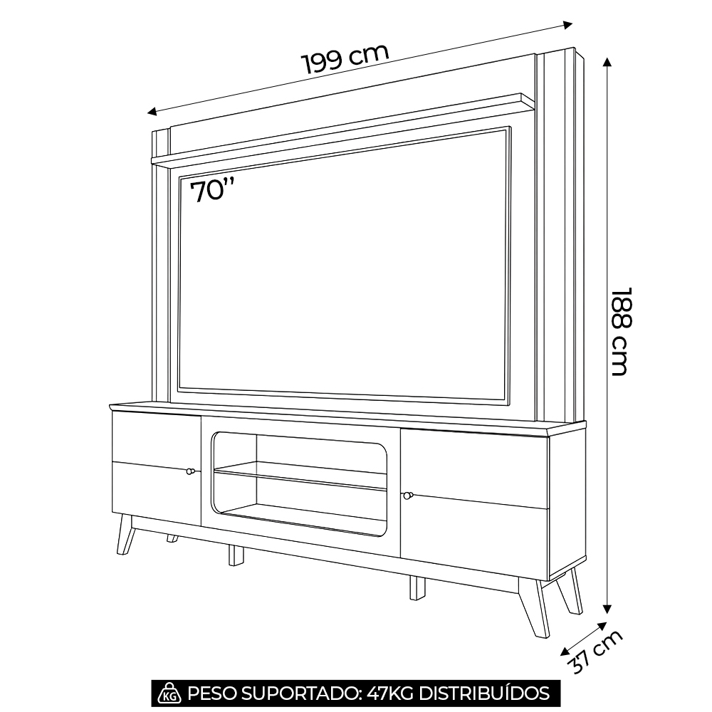Estante Painel TV 70 Pol. 198cm Com LED Lugo Off White/Canela Z30 - Mpozenato