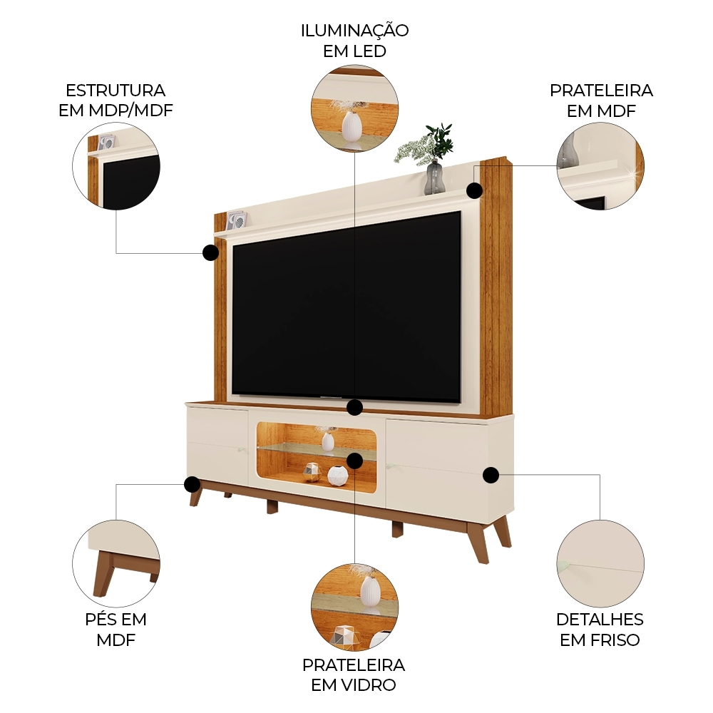 Estante Painel TV 70 Pol. 198cm Com LED Lugo Off White/Canela Z30 - Mpozenato
