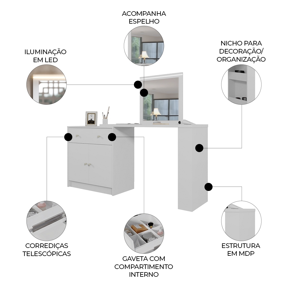 Penteadeira Camarim Com Espelho e LED Belle Branco Fosco Z30 - Mpozenato