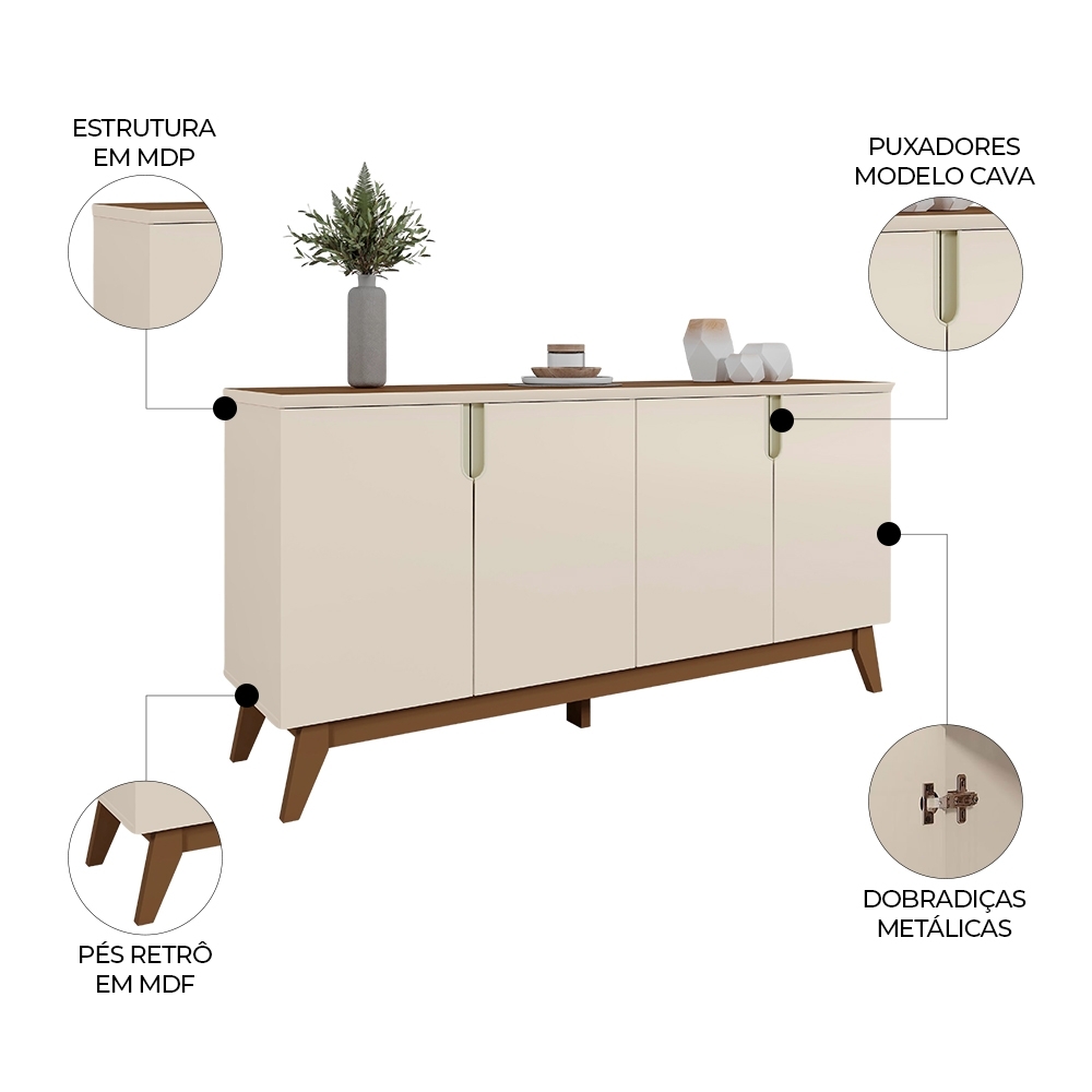 Buffet Aparador 160cm 4 Portas Cannes Off Whhite/Amendoa Z30 - Mpozenato