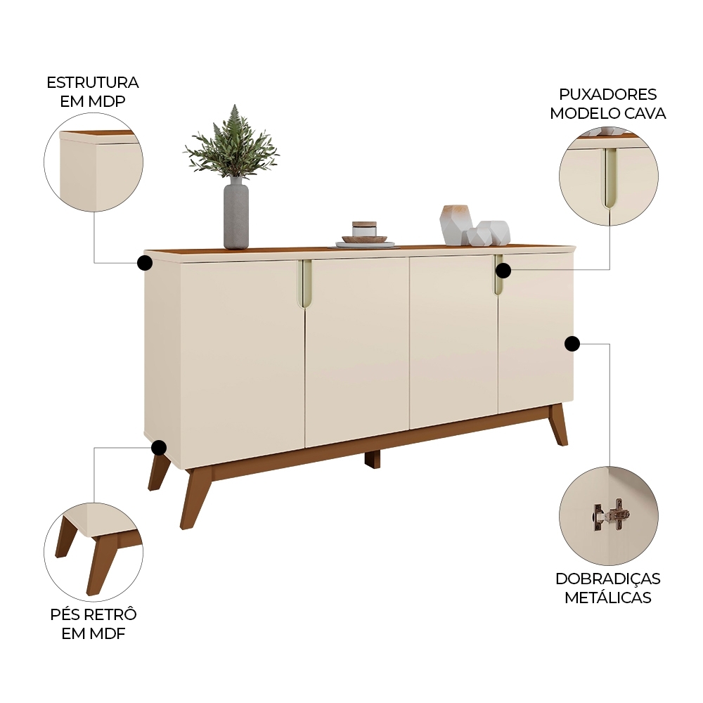 Buffet Aparador 160cm 4 Portas Cannes Off Whhite/Canela Z30 - Mpozenato