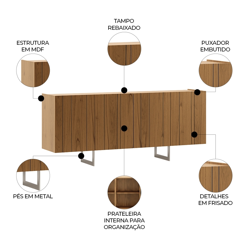 Buffet Aparador 180cm 4 Portas Lyon N02 Cinamomo/Champanhe - Mpozenato