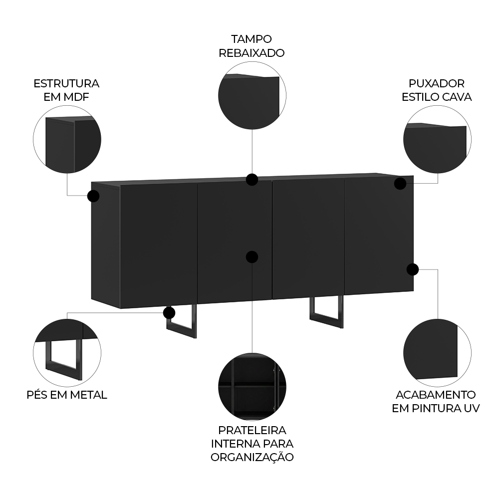 Buffet Aparador 160cm 4 Portas Melun N02 Preto - Mpozenato