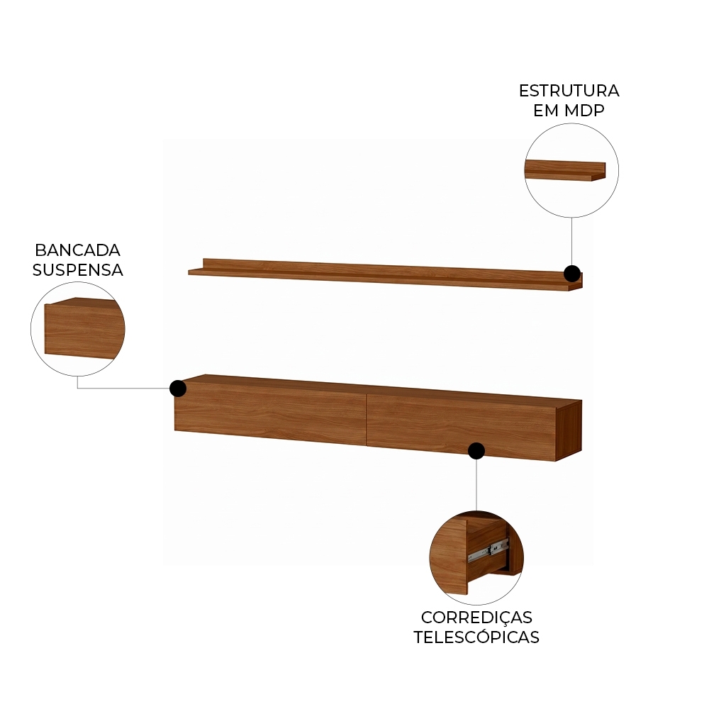 Bancada Suspensa e Prateleira 197cm Slat Z49 Cinamomo - Mpozenato