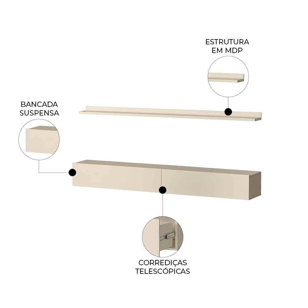 Bancada Suspensa e Prateleira 197cm Slat Z49 Off White - Mpozenato