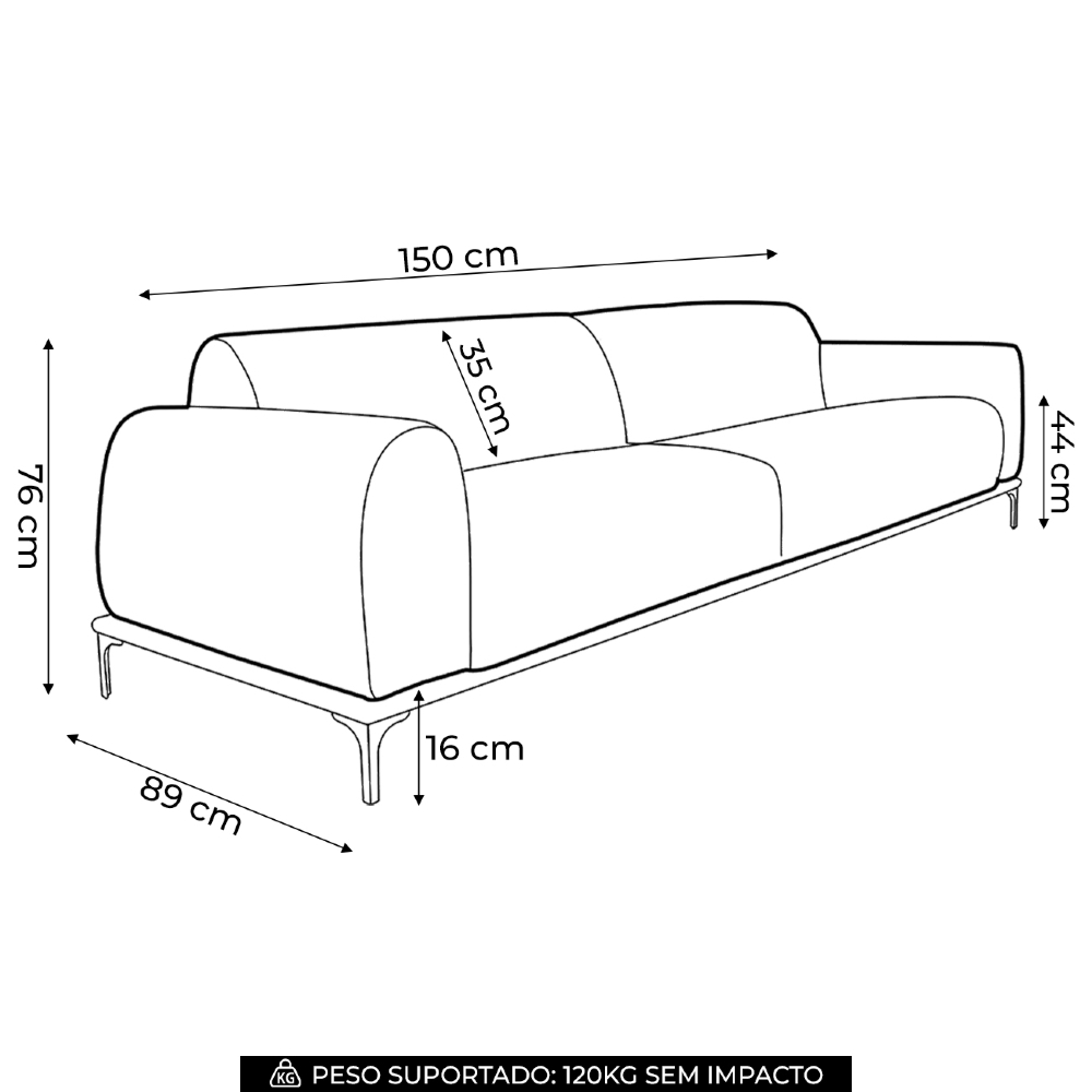 Sofá 150cm 2 Lugares Pés Preto Molino C-416 Linho Cinza - Domi