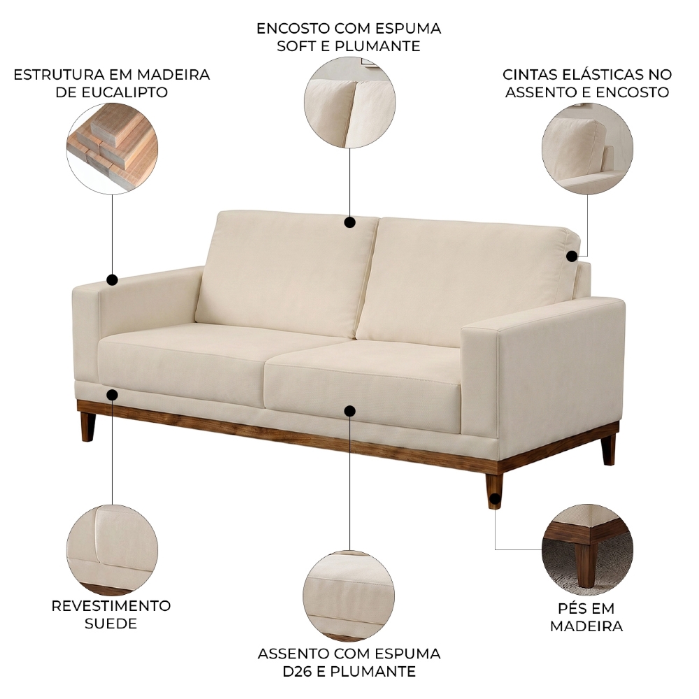 Sofá Living 180cm 3 Lugares Kayrós D05 Suede Bege - Mpozenato