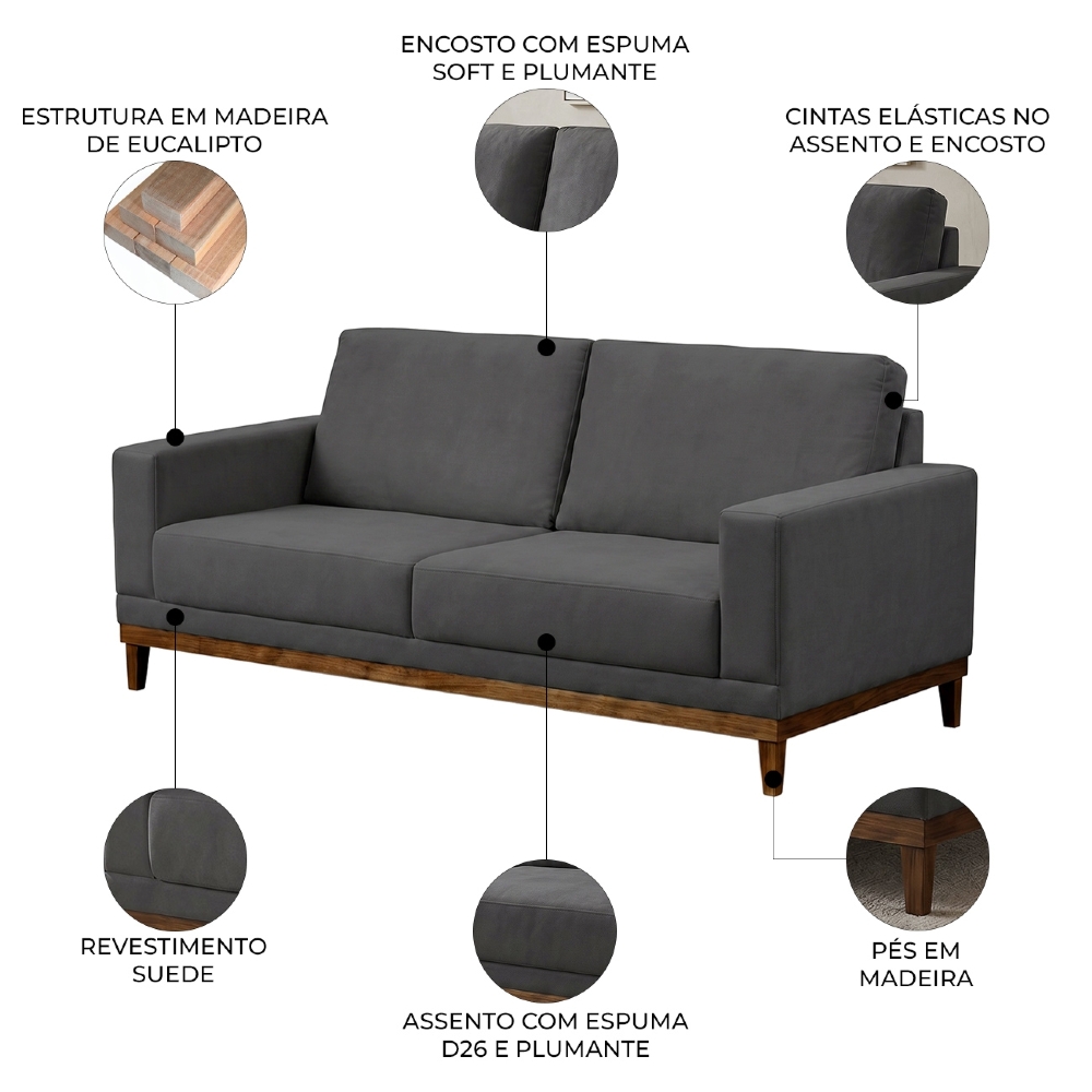 Sofá Living 160cm 2 Lugares Kayrós D05 Suede Cinza - Mpozenato