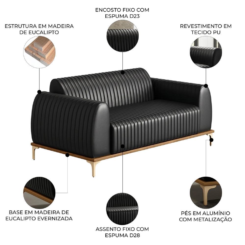 Sofá 210cm 3 Lugares Base Gold Molino D06 PU B-159 Preto - Mpozenato