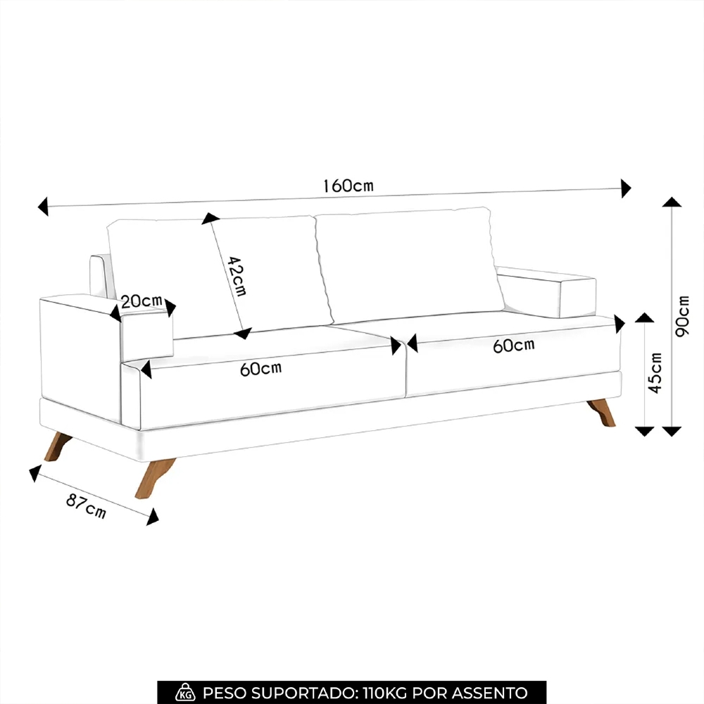 Sofá 2 Lugares 160cm Living Pés Curvos Santi D05 Sintético Preto - Mpozenato