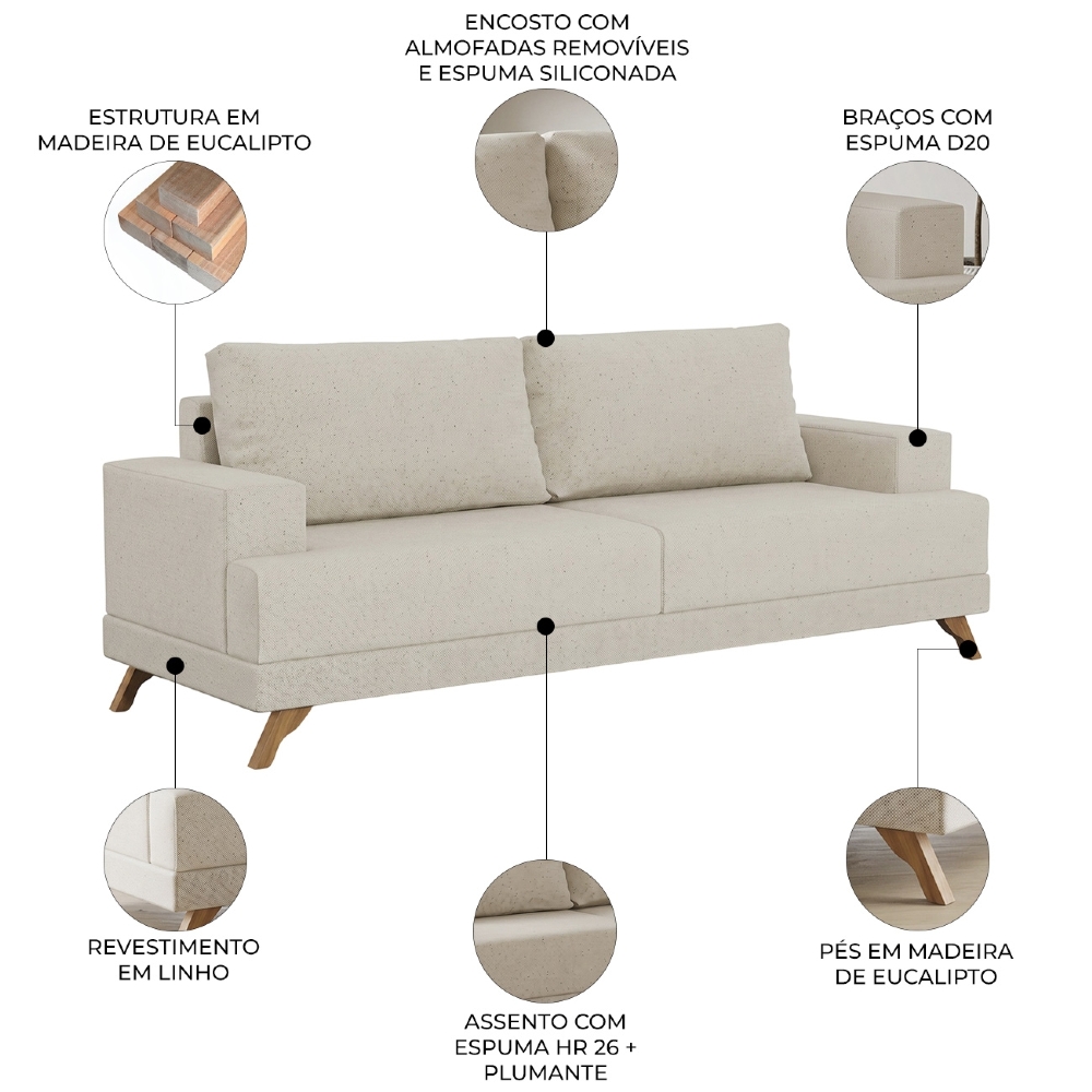 Sofá 3 Lugares 180cm Living Pés Curvos Santi D05 Linho Bege - Mpozenato