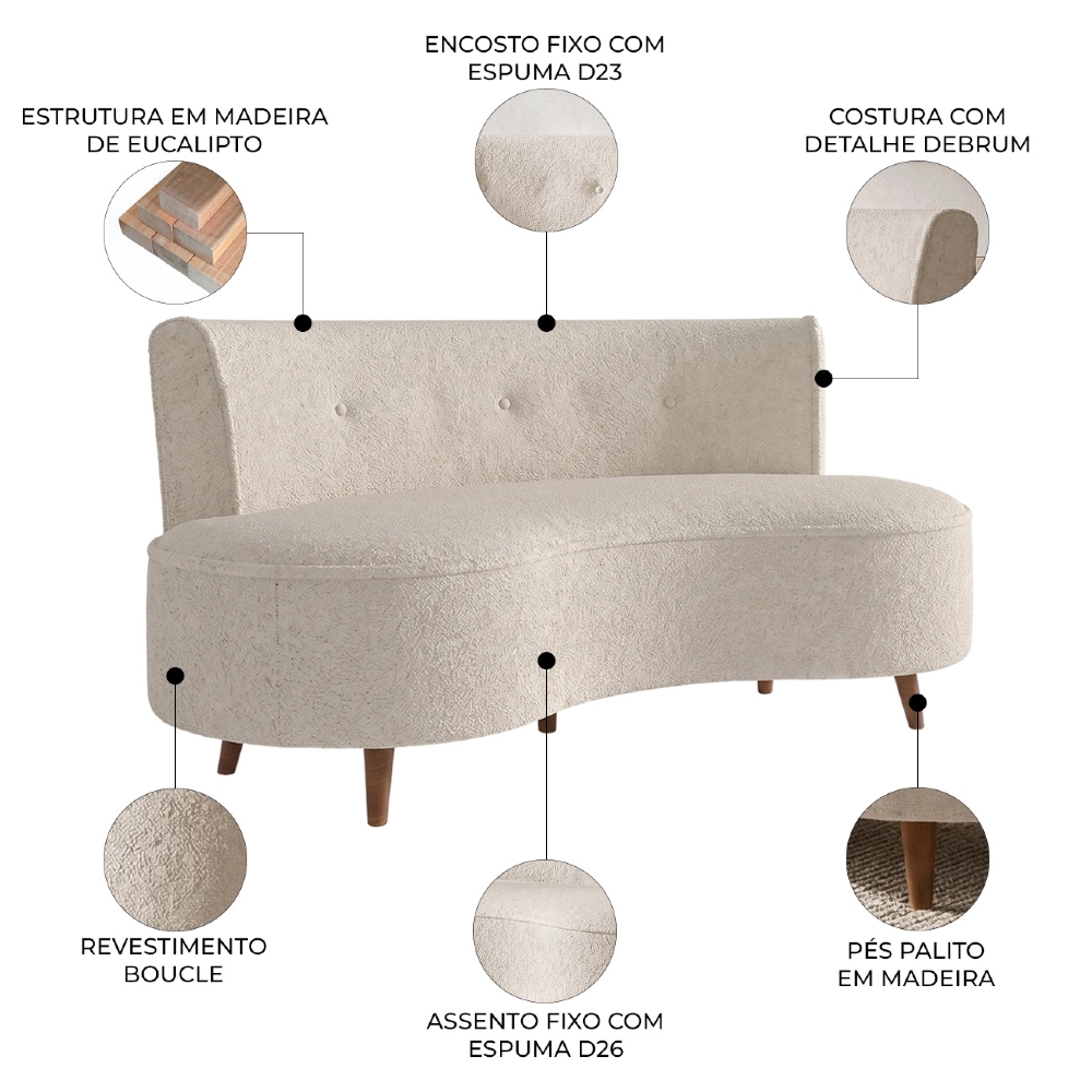 Sofá 2 Lugares para Sala Living 135cm Pés Palito Korah Z08 Boucle Bege - Mpozenato