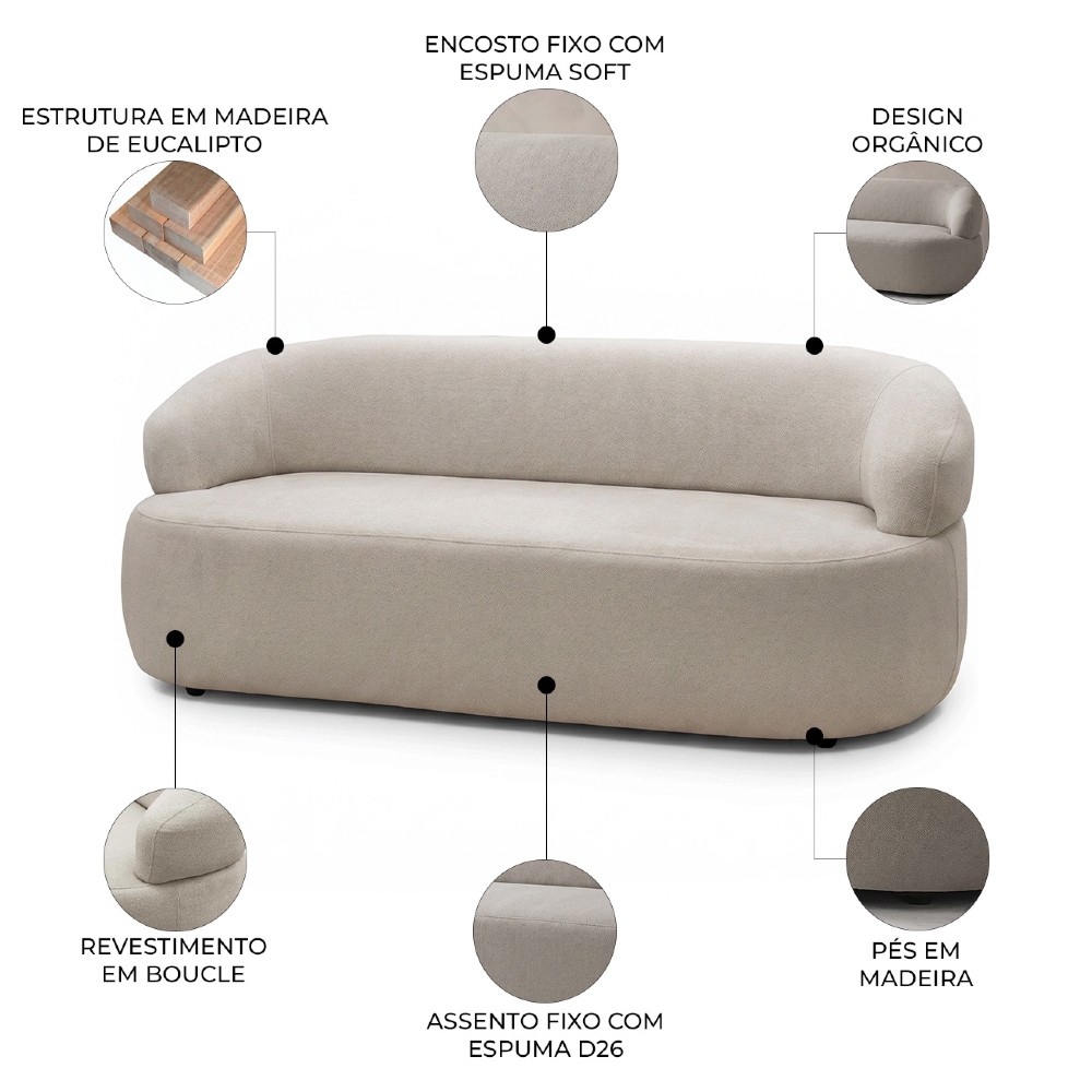 Sofá 3 Lugares Living Orgânico Sala de Estar 170cm Conka F05 Boucle Bege - Mpozenato