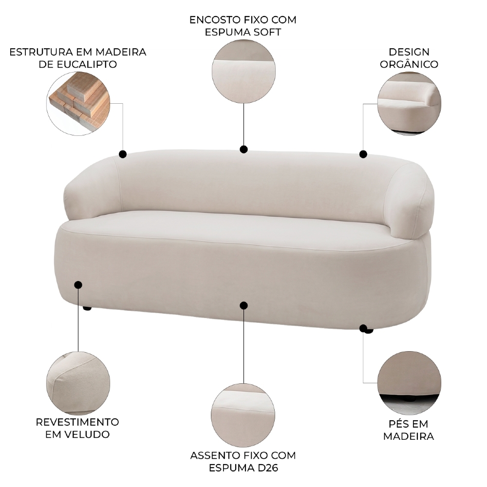 Sofá 3 Lugares Living Orgânico Sala de Estar 170cm Conka F05 Veludo Bege - Mpozenato