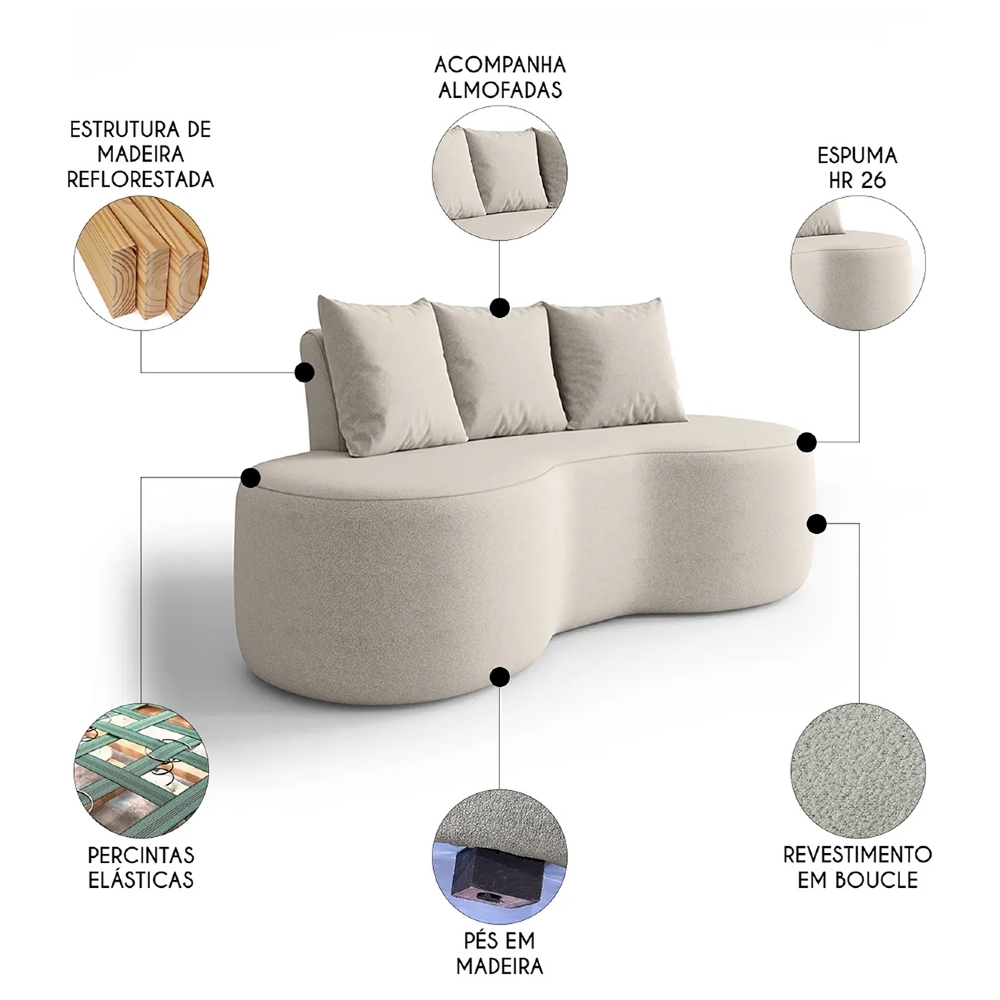 Sofá 2 Lugares 160cm Orgânico Viana B10 Bouclê Creme - Mpozenato
