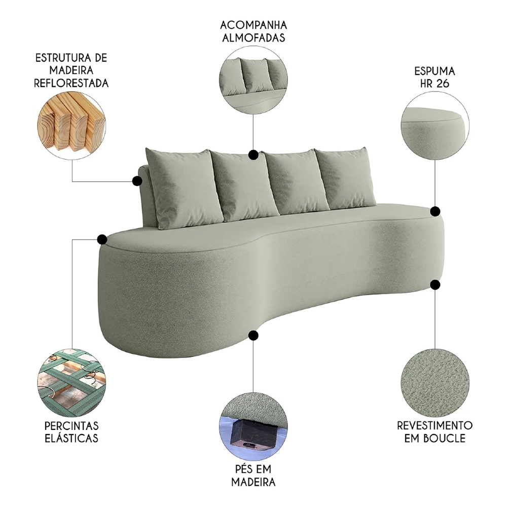 Sofá 3 Lugares 210cm Orgânico Viana B10 Bouclê Menta - Mpozenato