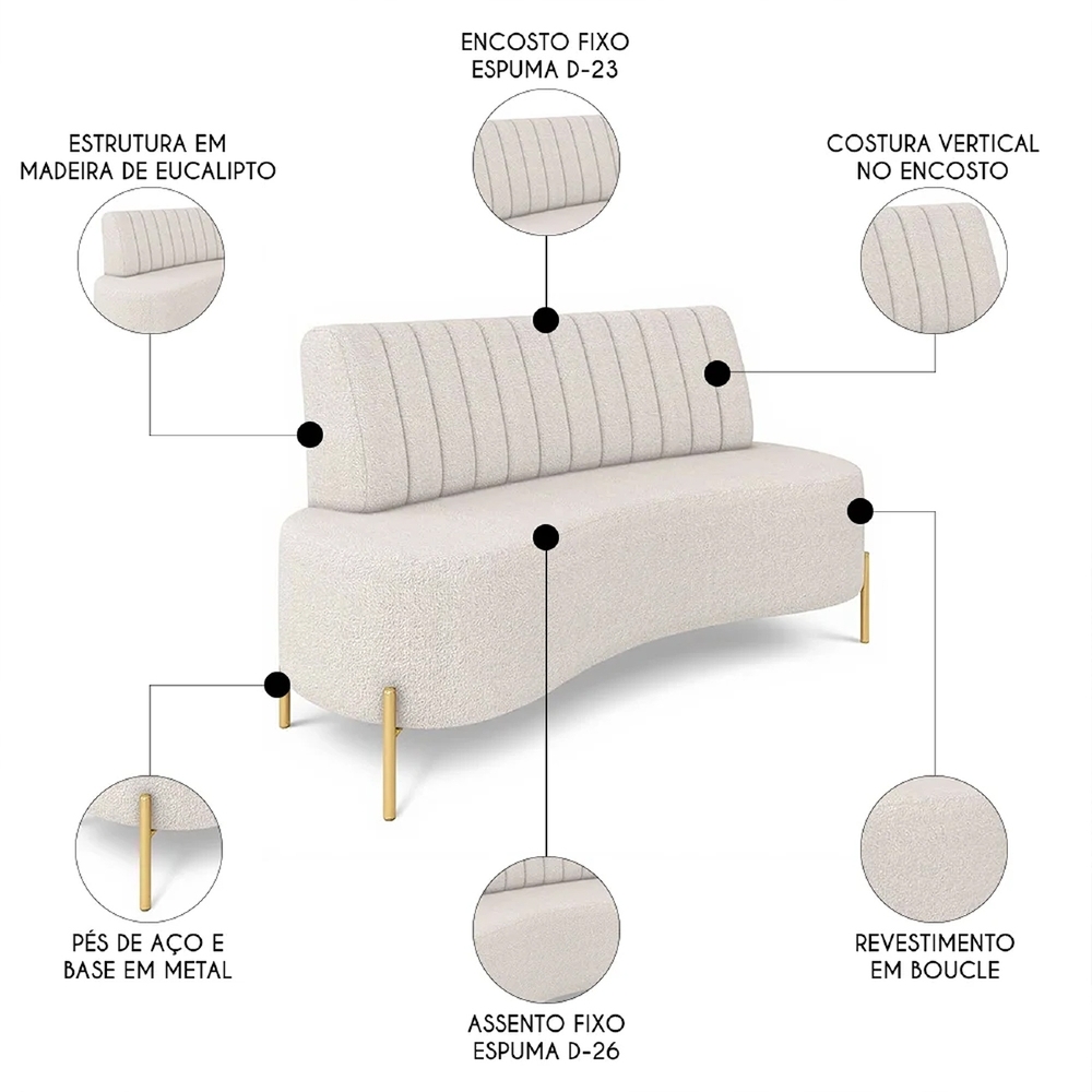 Sofá 2 Lugares 160cm Pés Aço Dourado Tamar Boucle Bege Z08  - Mpozenato