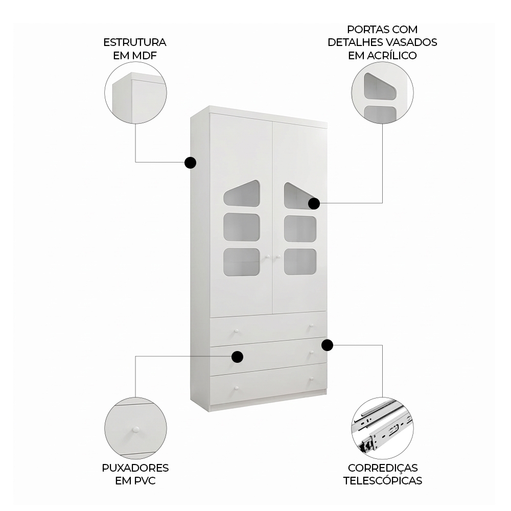 Guarda Roupa Infantil 02 Portas e 03 Gavetas Eloísa Branco - Phoenix Baby