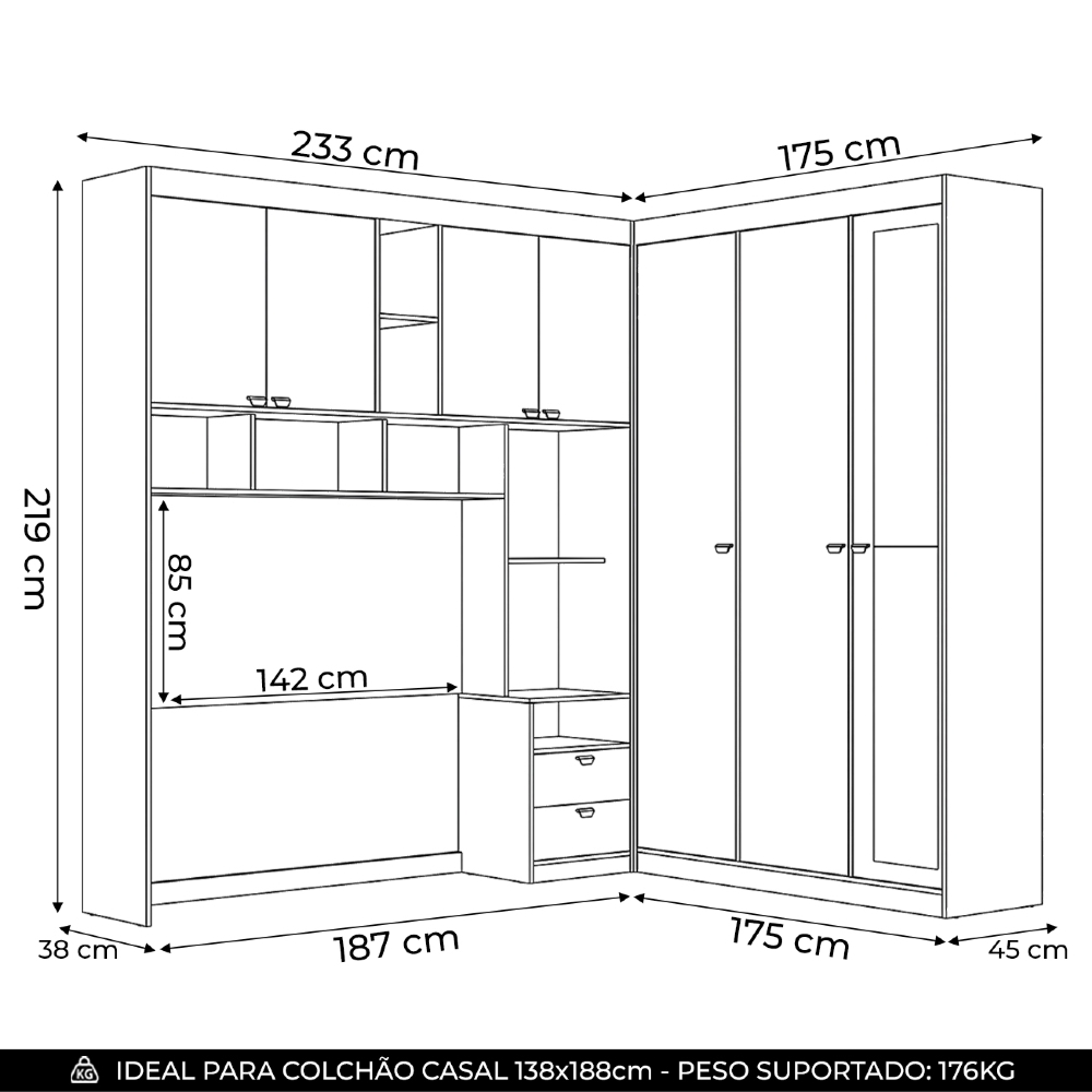 Guarda Roupa Casal Modulado 140cm Com Espelho Vincenzo Jatobá/Areia S01 - Mpozenato