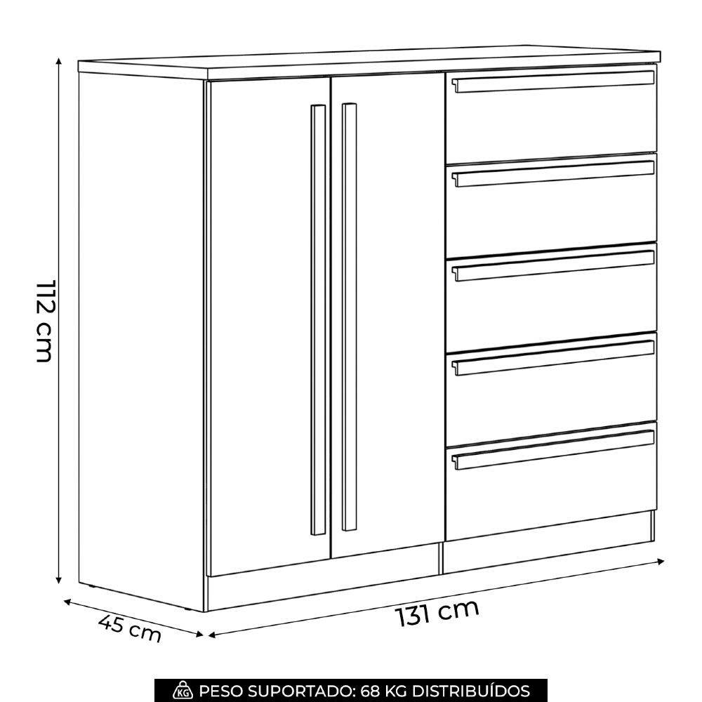 Cômoda Quarto 131cm 5 Gavetas 2 Portas Valenza Jatobá S01 - Mpozenato