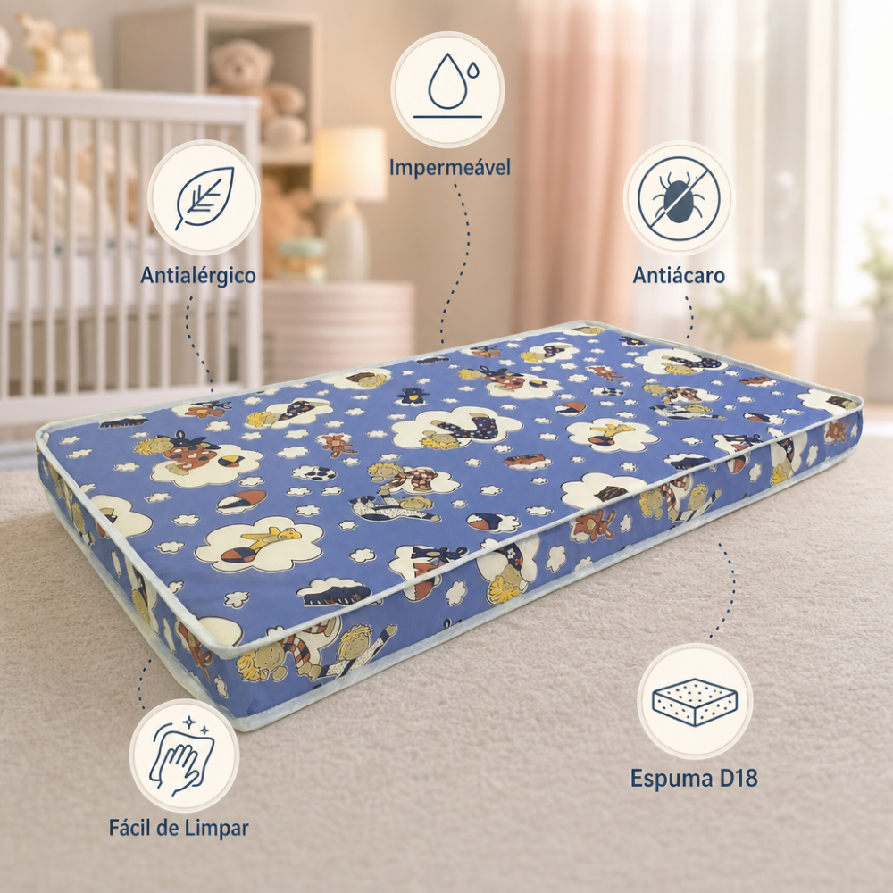 Berço Infantil com Colchão D18 Impermeável 130x60cm Branco - Mpozenato