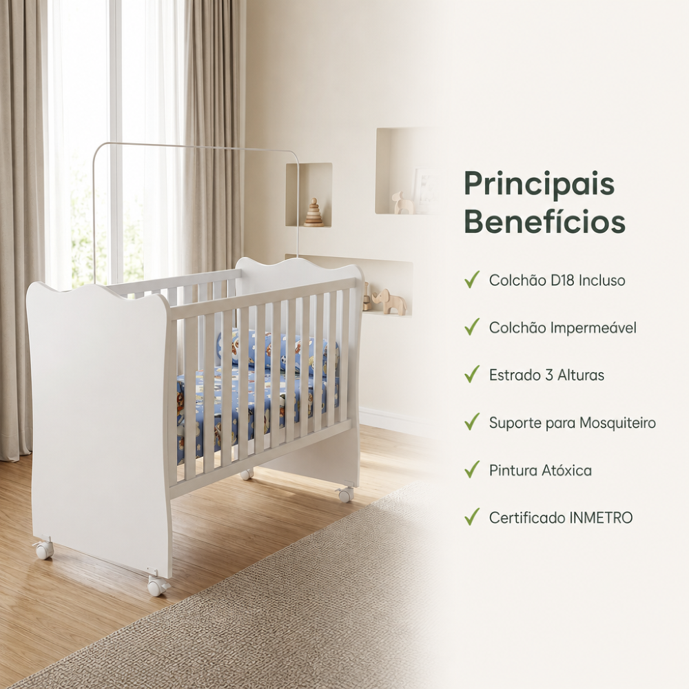 Berço Infantil com Colchão D18 Impermeável 130x60cm Branco - Mpozenato