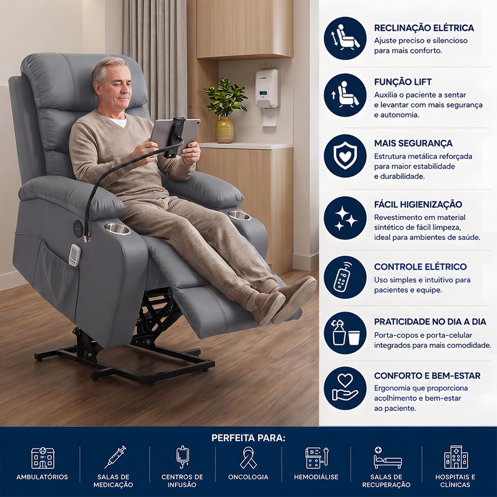 Poltrona Reclinável Elétrica Lift com Elevação Niara Sintético Cinza C01 - Mpozenato