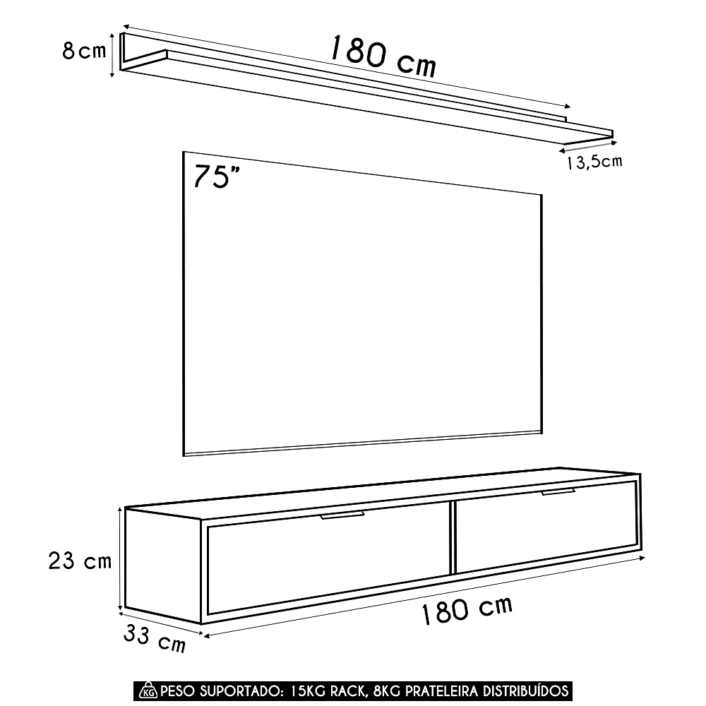 Rack TV 75 Pol. Suspenso 180cm 2 Portas Lila Off White Z49 - Mpozenato