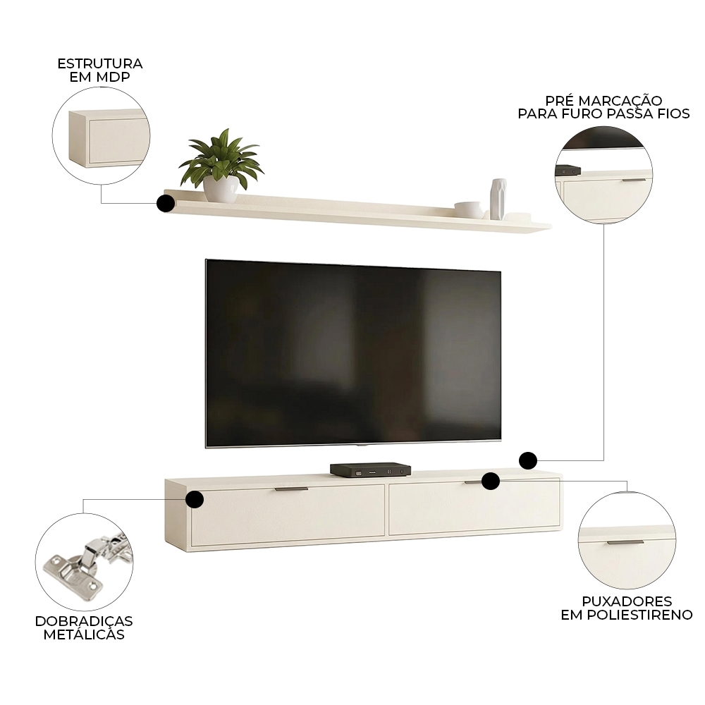 Rack TV 65 Pol. Suspenso 160cm 2 Portas Lila Off White Z49 - Mpozenato