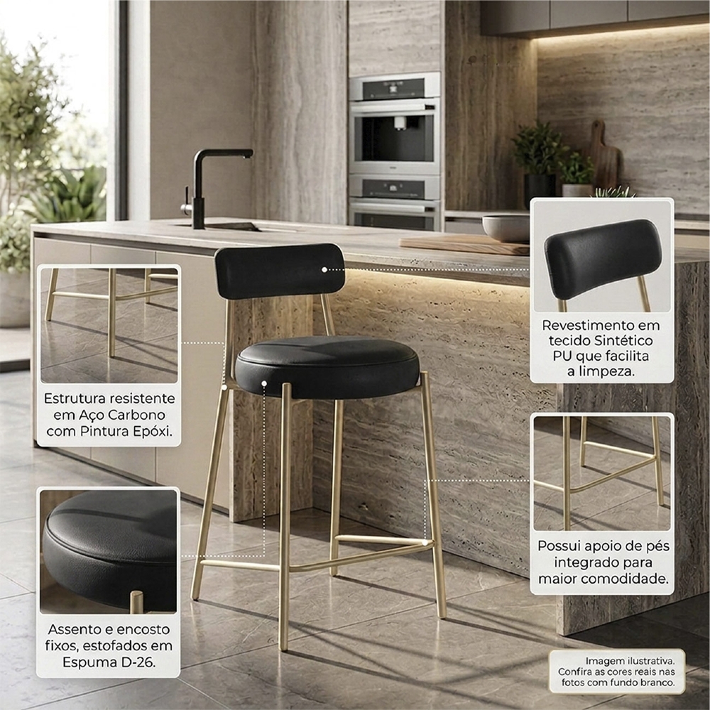 Banqueta Cozinha Alta Kit 2 Torino Sintético Preto/Champanhe I01 - Mpozenato