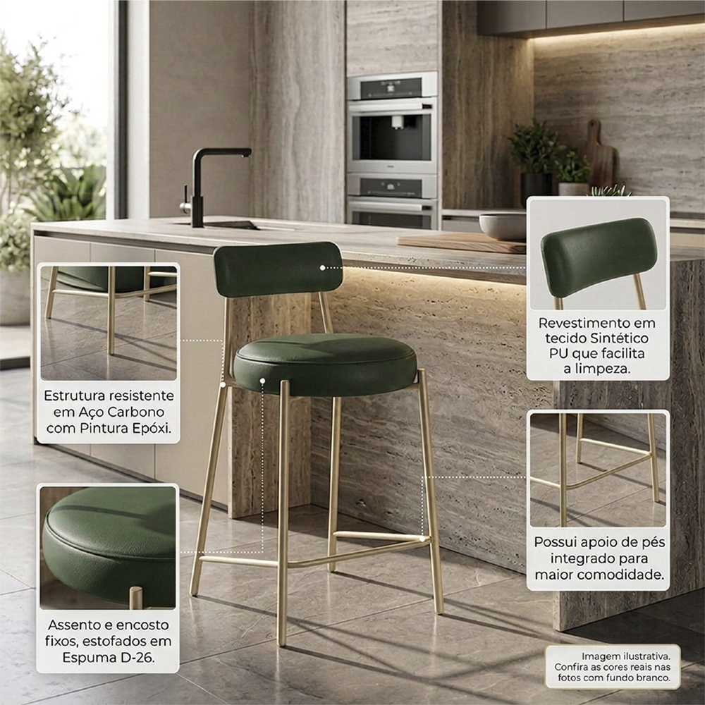 Banqueta Cozinha Alta Kit 2 Torino Sintético Verde/Champanhe I01 - Mpozenato