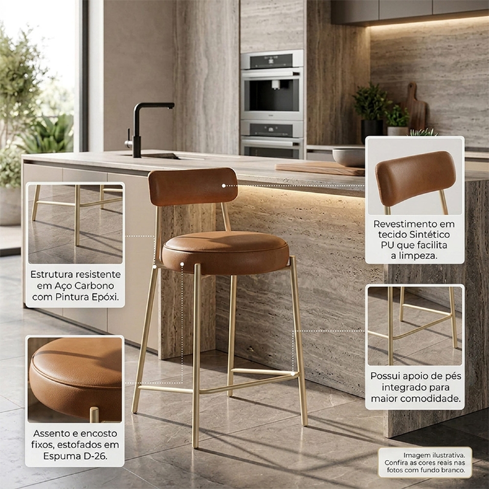 Banqueta Cozinha Média Kit 2 Torino Sintético Whisky/Champanhe I01 - Mpozenato