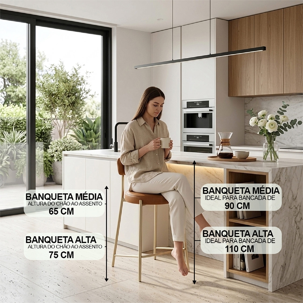 Banqueta Cozinha Média Kit 3 Torino Sintético Whisky/Champanhe I01 - Mpozenato
