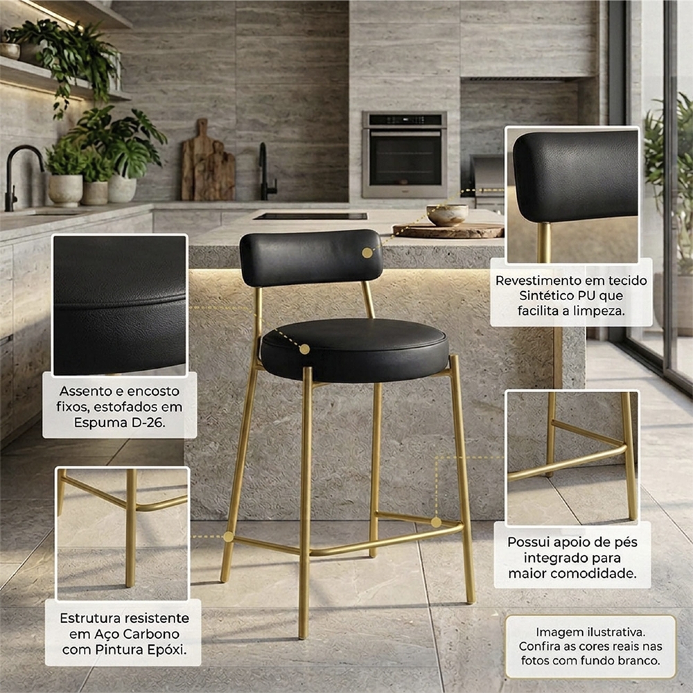 Banqueta Cozinha Média Torino Sintético Preto/Dorurado I01 - Mpozenato