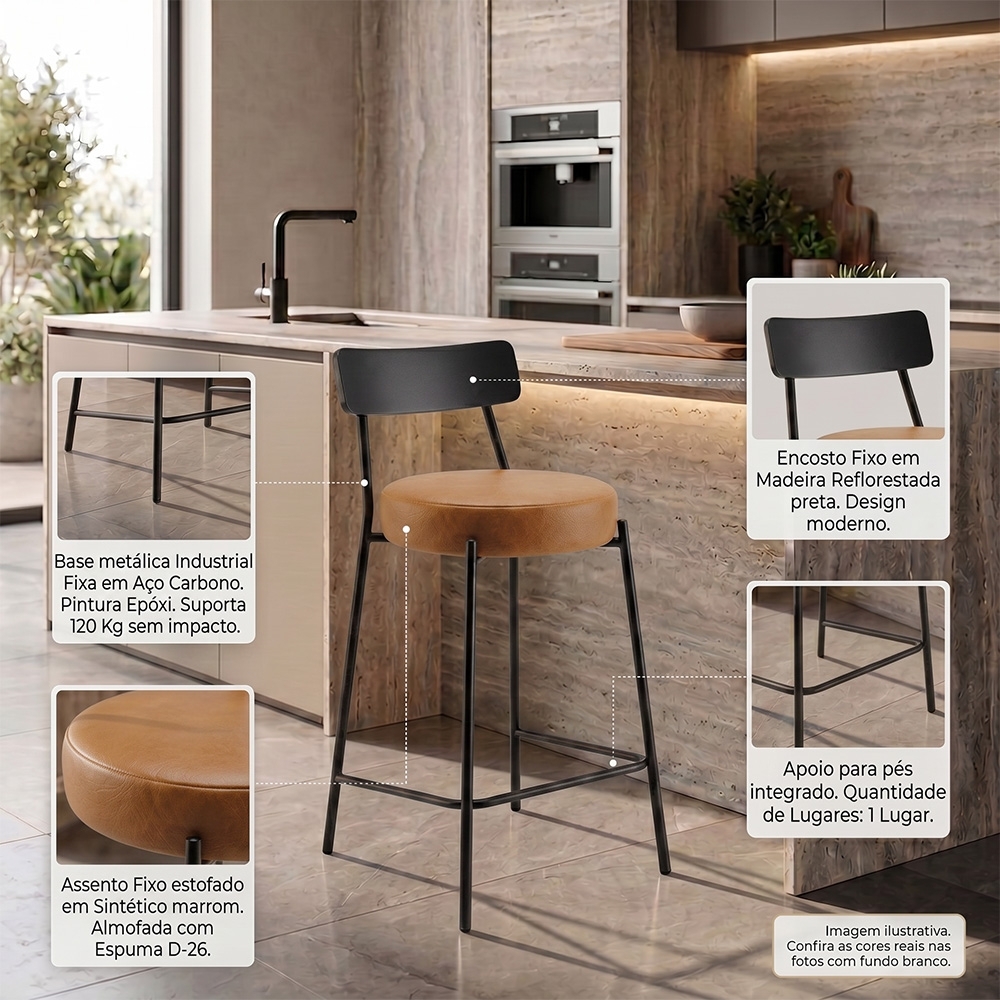 Banqueta Cozinha Alta Kit 3 Modena Sintético Whisky/Preto I01 - Mpozenato